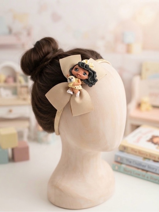 Bow Other - Custom clay Beige Bow Headband with Doll for Kids